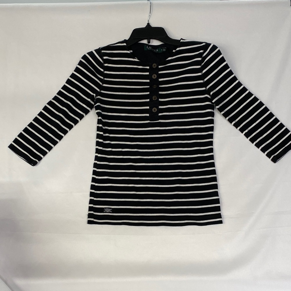 Lauren Ralph Lauren Black White Striped 3/4 Sleeve Women's Top Size M
